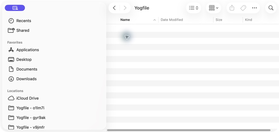 Yogfile drives listed under Locations in Finder