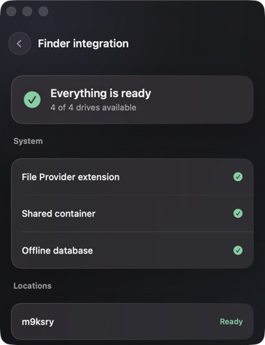 Finder integration diagnostics showing four available Yogfile drives